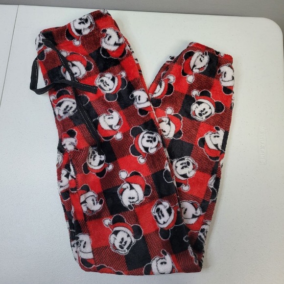 Disney Mickey Mouse Plaid Fleece Fuzzy Pajama Pants Size S Red Black Santa Hat - Picture 2 of 6